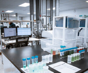A testing lab with computer equipment and vials of liquid